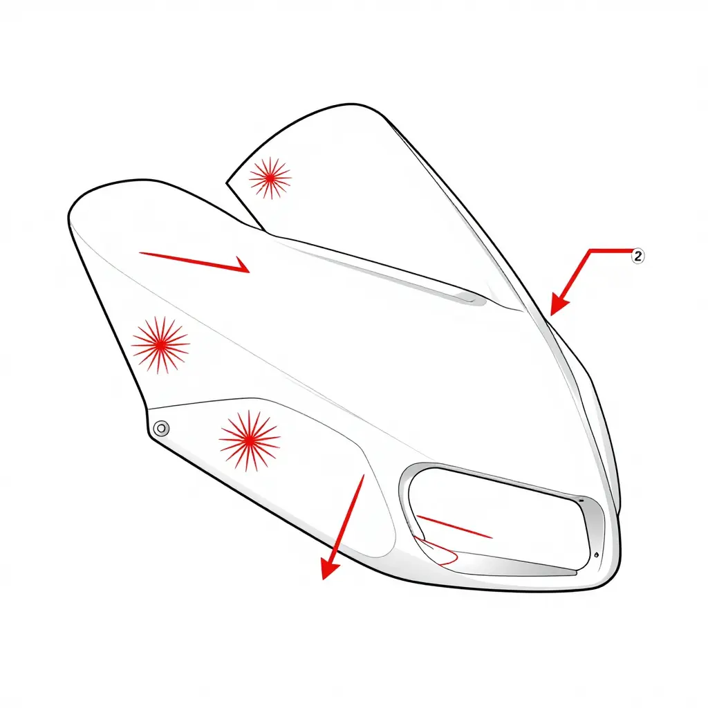 Engineering diagram of a motorcycle fairing panel showing stress concentration zones at a sharp corner, thin mounting tab, drilled hole, and curved edge