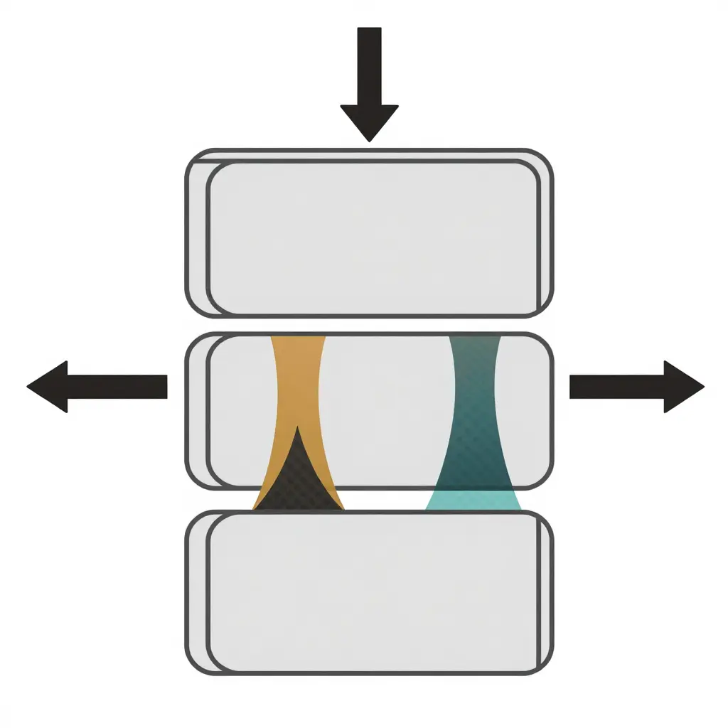 Flat 2D schematic of a stacked fairing shipment showing a downward stacking force arrow, a lateral load-shift arrow from braking or cornering, and dark shaded zones where the forces converge on a panel edge
