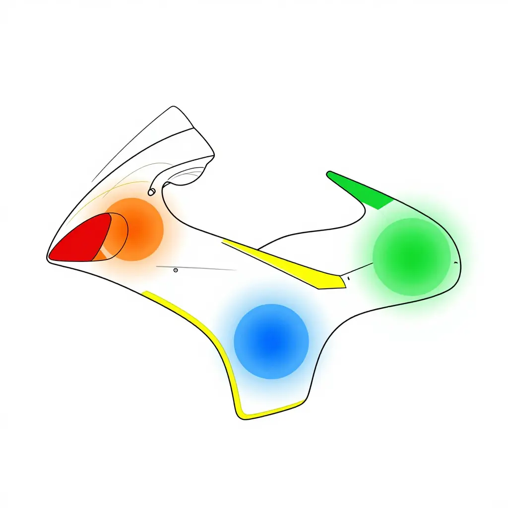 Flat 2D schematic diagram of a flattened motorcycle fairing side panel showing five color-coded circular crush-point zones: red at the nose tip, orange at the mirror mounting tab, yellow along the lower cowl edge, blue over the fastener holes, and green along the upper fairing seam.