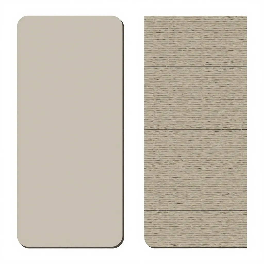 Side-by-side 2D cross-section comparing the single homogeneous layer of an ABS panel with the layered resin-and-fiber structure of a fiberglass panel