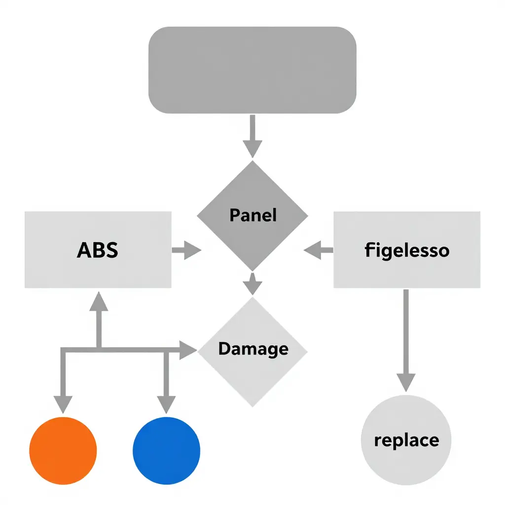 Schematic 2D flowchart showing the repair decision process: a damaged fairing leads to a material decision diamond that branches into an ABS path and a fiberglass path. The ABS path leads to a damage severity decision that ends either in a repair node or a replace node, while the fiberglass path leads directly to a replace node.
