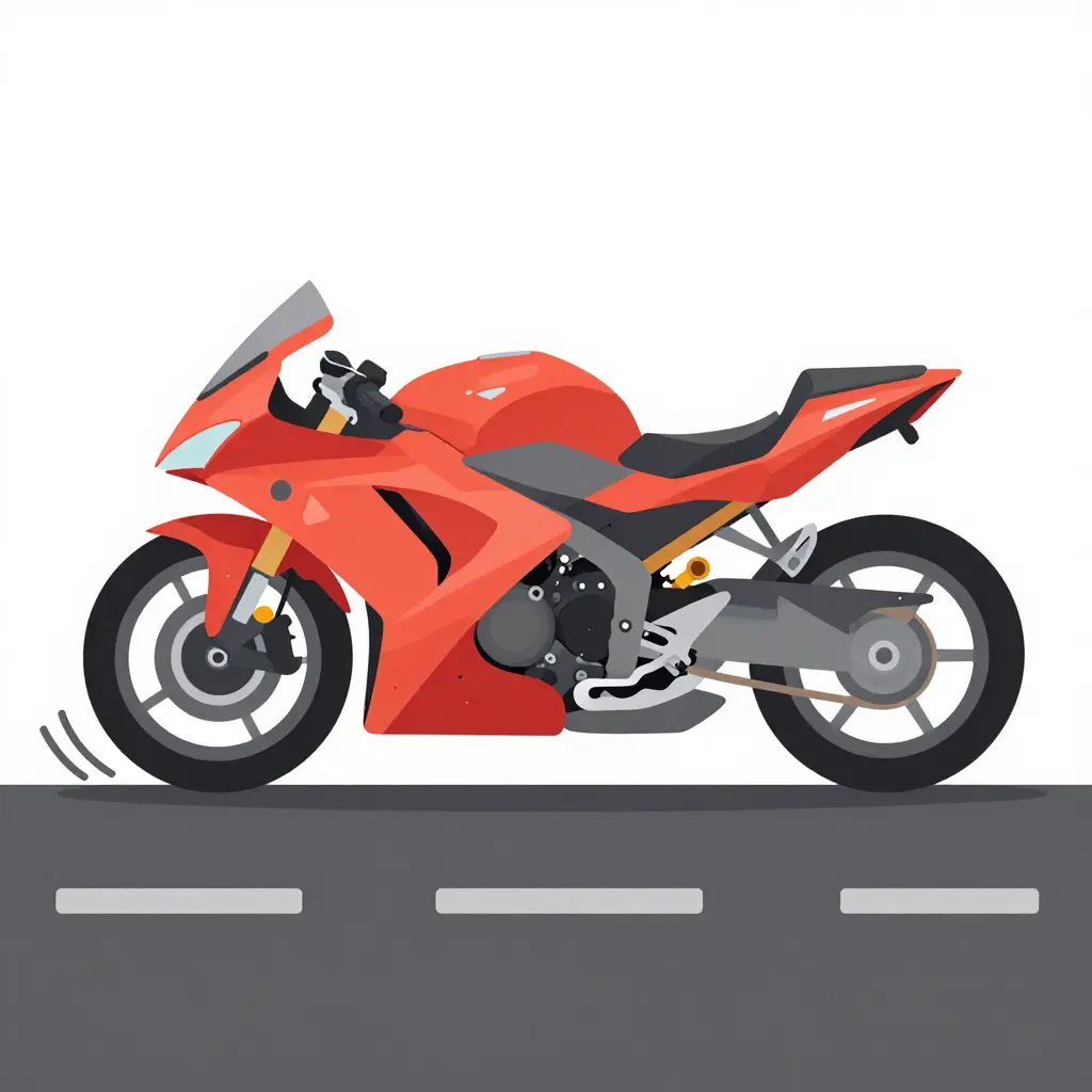 Motorcycle lying on its side after a low side fall, with the damaged fairing contact zones highlighted