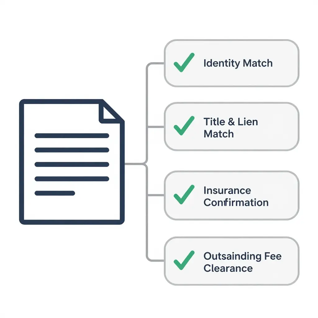 Diagram showing a document icon linked to four verification checkpoints labeled Identity Match, Title & Lien Match, Insurance Confirmation, and Outstanding Fee Clearance, each marked with a checkmark
